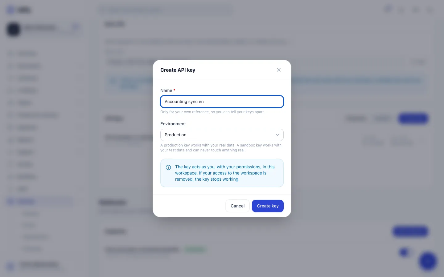 Step 5: Create key mints the key. It acts as you, with your role permissions.