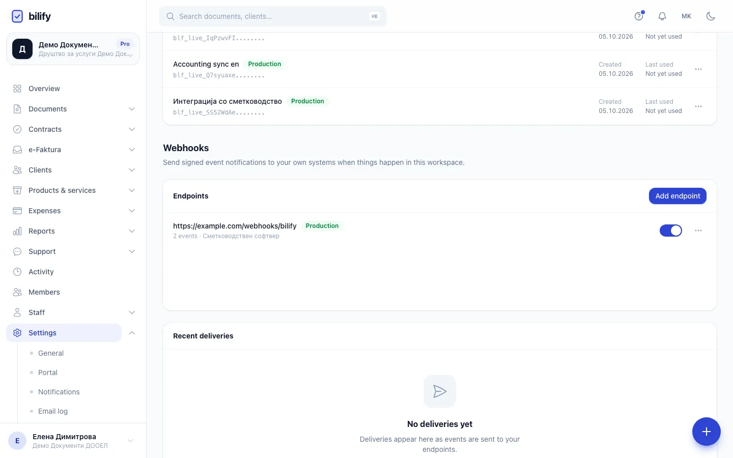 Step 1: Endpoints lists the URLs that receive events from this workspace, with their environment and status.