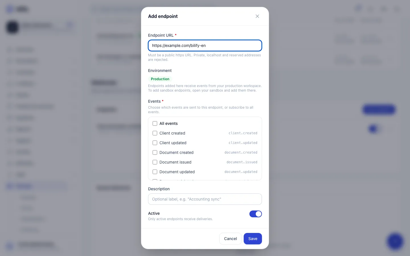 Step 4: Tick the events you want, or All events to receive everything.