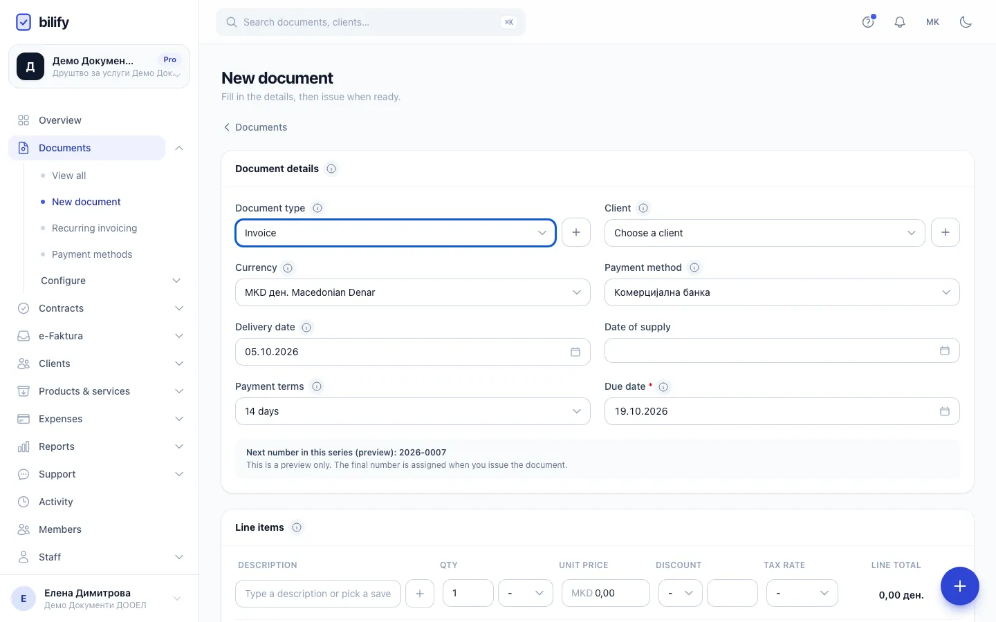 Step 3: Choose the client. The + button next to it adds a new client without leaving the draft.