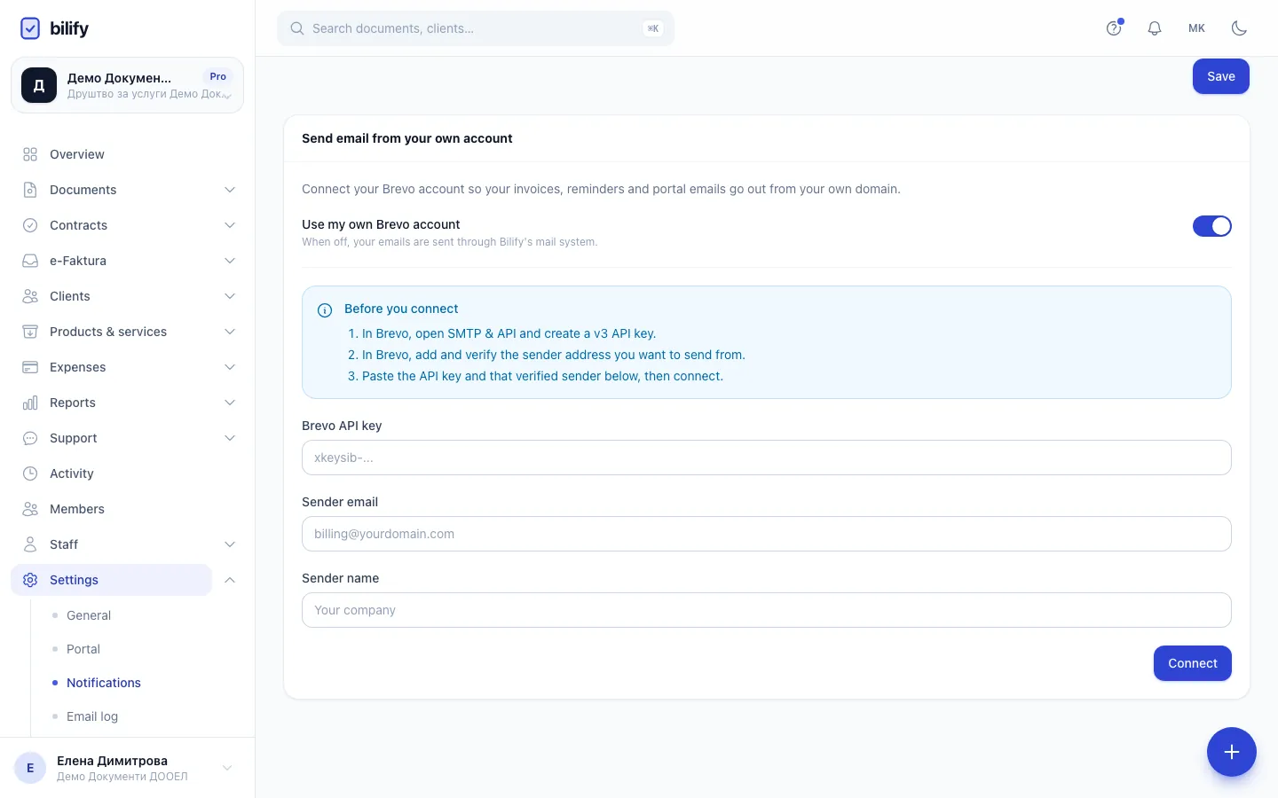 Step 4: Paste the Brevo API key here. It starts with xkeysib- and is never shown again after you connect.