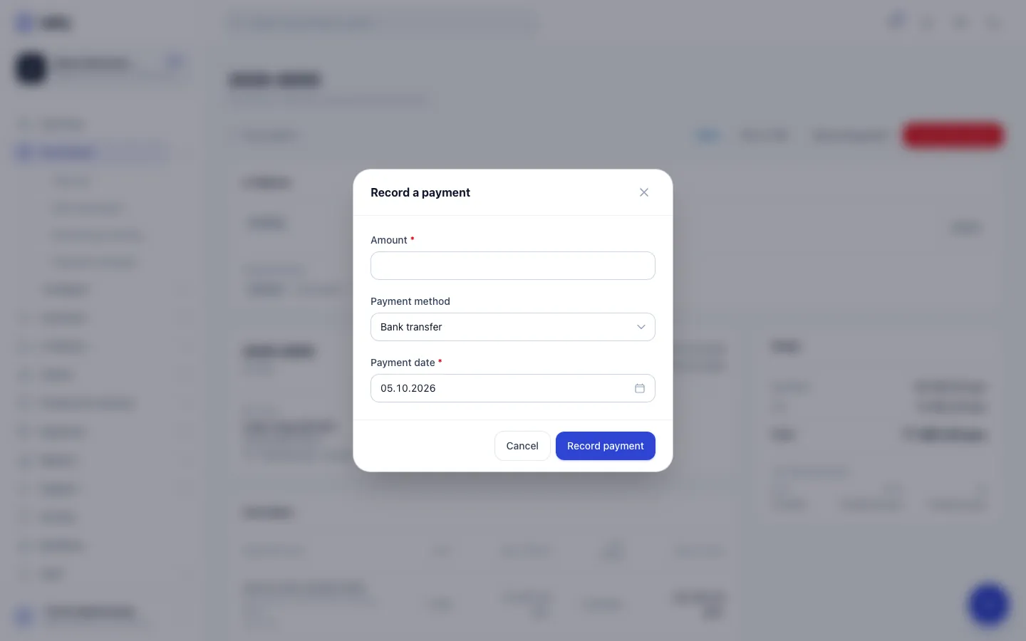 Step 2: Enter the amount you received. Less than the total makes the invoice Partially paid.